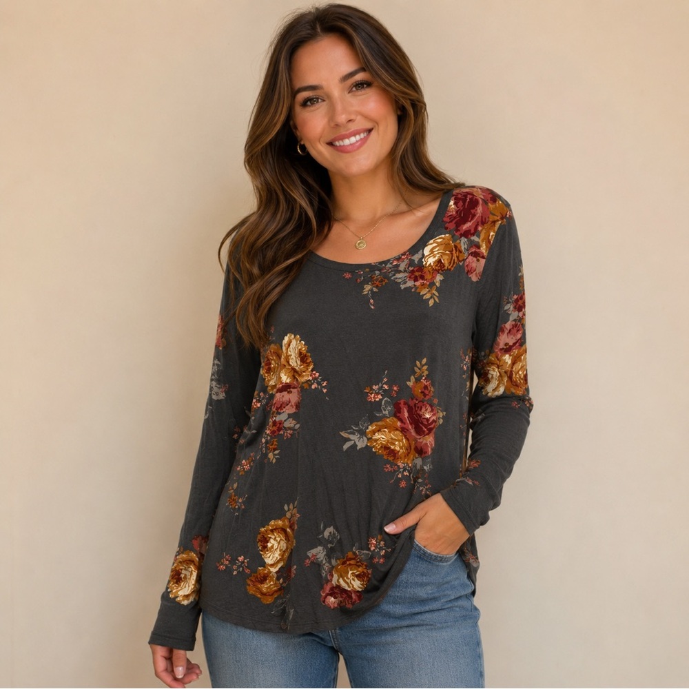 Maurices (24/7) Floral Long Sleeve Tee Charcoal Gray Boho Rose Print Sz Large
